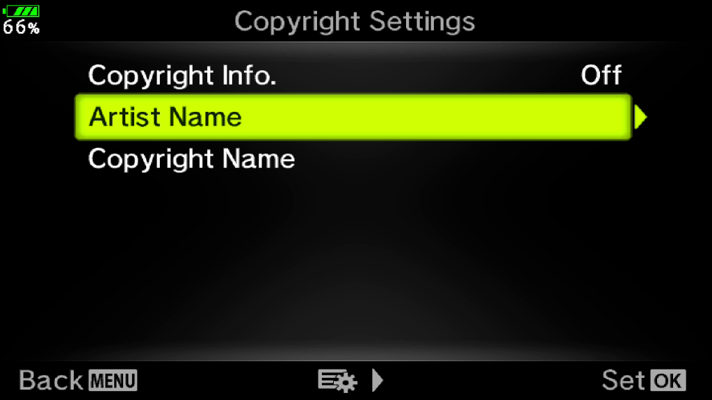 Menu screenshot to input Artist name for copyright settings