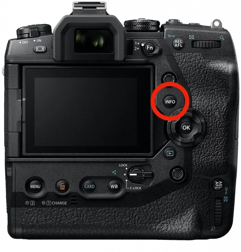 backside of E-m1X with highlighted OK button, which is the shortcut to focus peaking settings