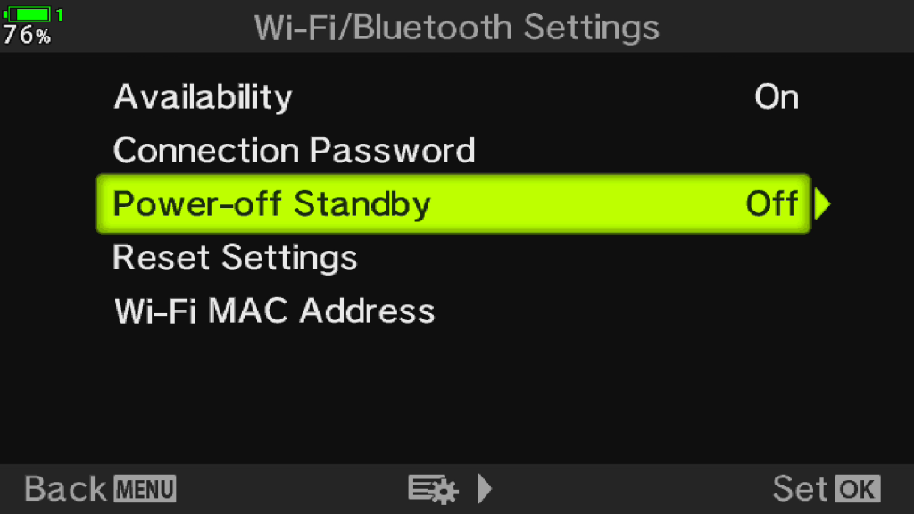 Bildschirmbild vom WiFi/Bluetooth Settings menu der E-M1X