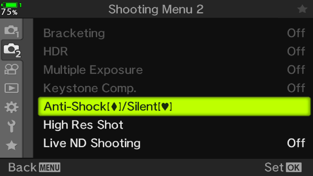 Bildschrimfoto Kameramenü 2 mit markierter Antis-Shock / Silent Mode