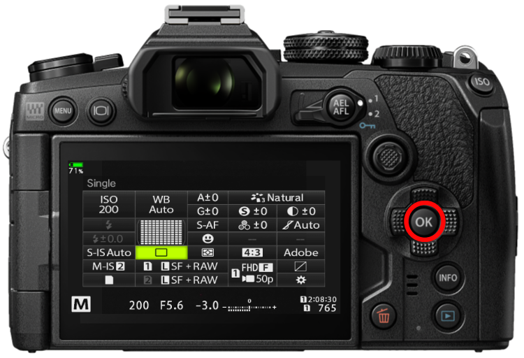 E-M1 Mark III backside with Super Control screen shot and highlights OK Button.
