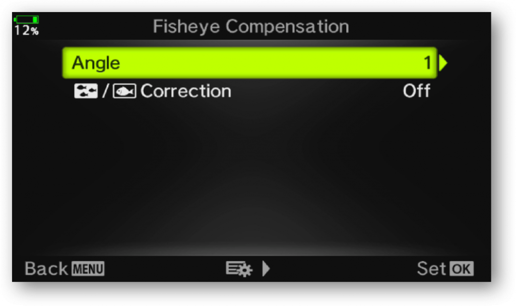 Menu screenshot to select fisheye compensation effect