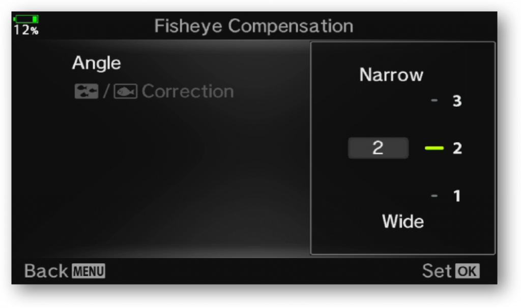 Menu screenshot to select fisheye compensation strength