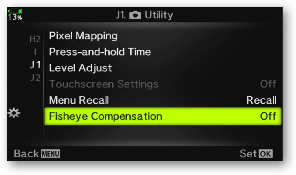 Menu screenshot with location to switch on fisheye compensation