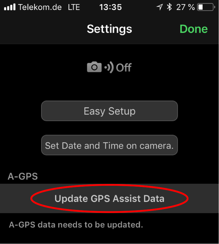 Bildschirmbild von OI.track um die A-GPS Daten zu aktualisieren