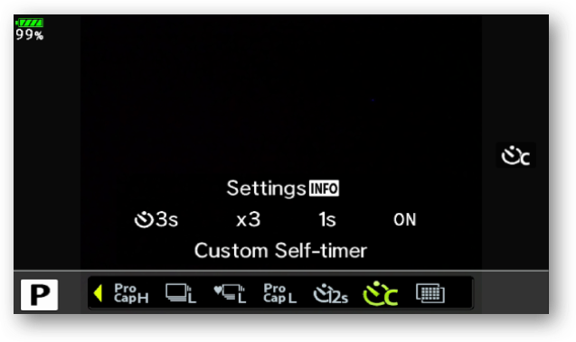 Selftimer settings menu screen shot of an E-M1 Mark III