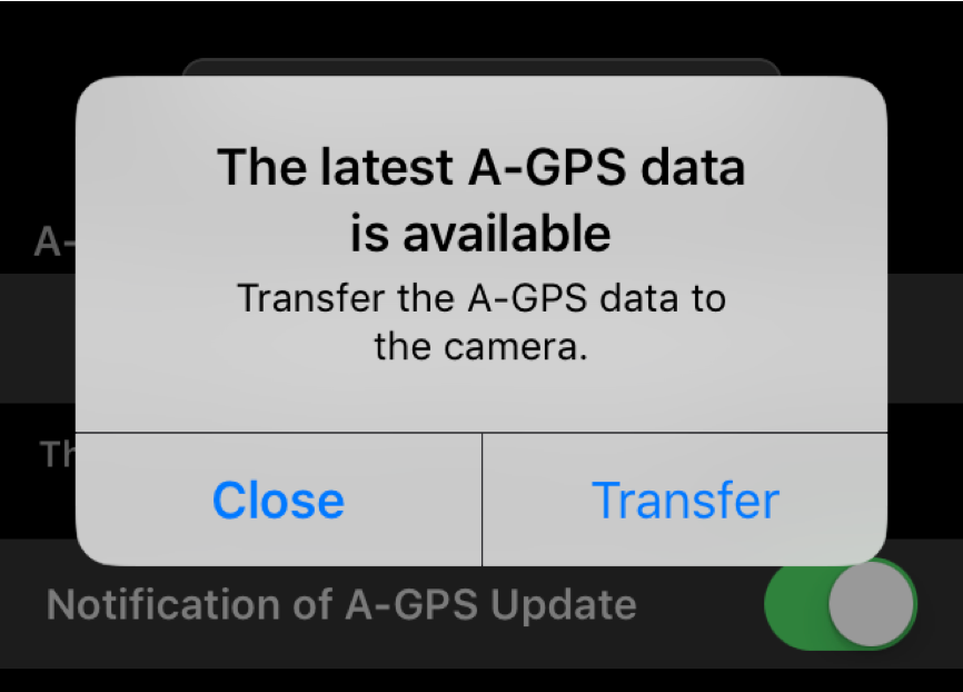 Screenshot to transfer A-GPS data to a camera