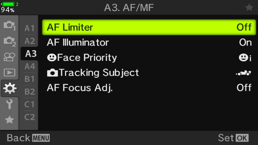 screenshot of AF/MF menu with AF lliniter highlighted