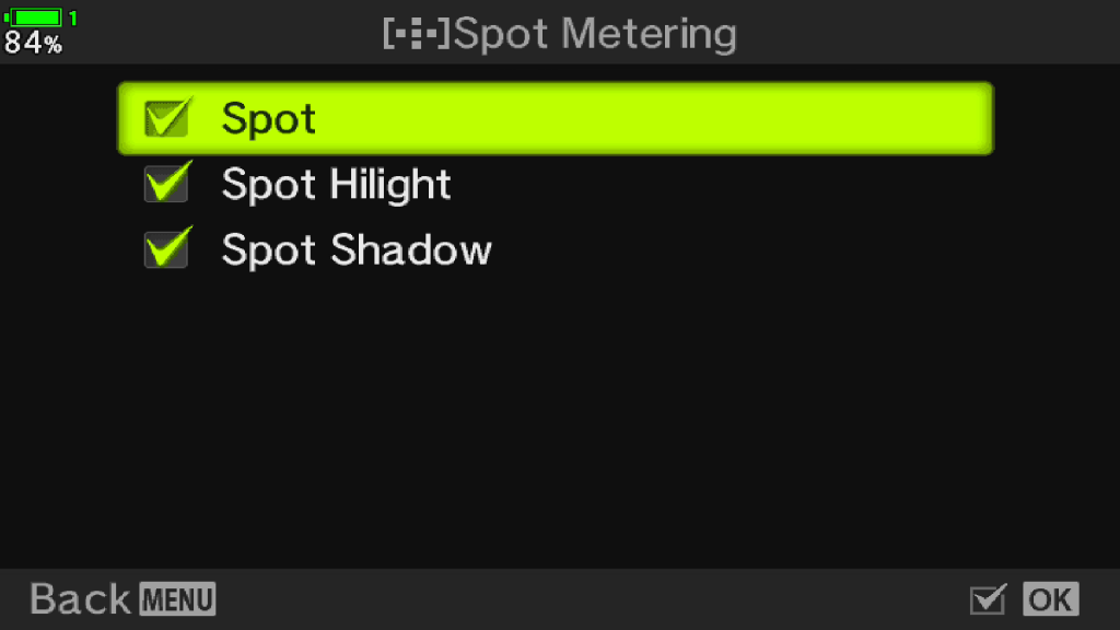 Menu screenshot for spot metering