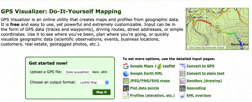 Screenshot des GPS Visualizer