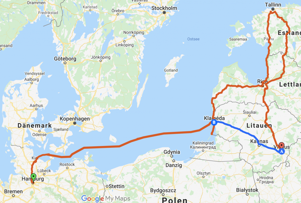 Google map showing the recording of my vacation in the baltic states