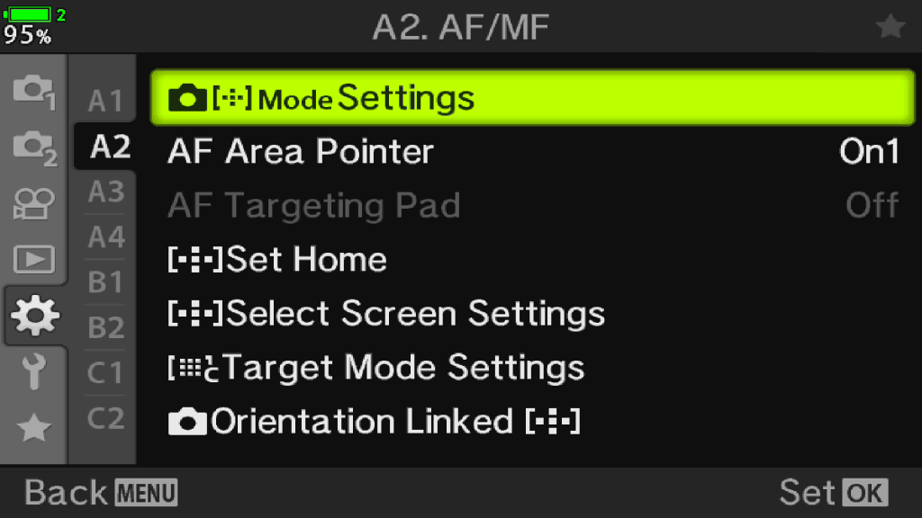 Screenshot OM-D menu to show Mode Settings location