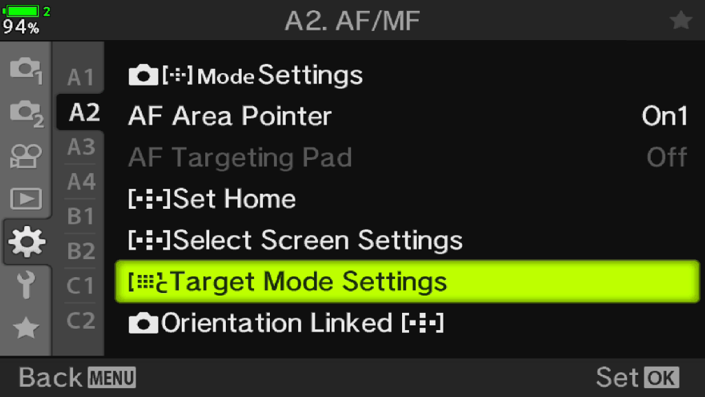 Screenshot OM-D menu to localize Target mode settings