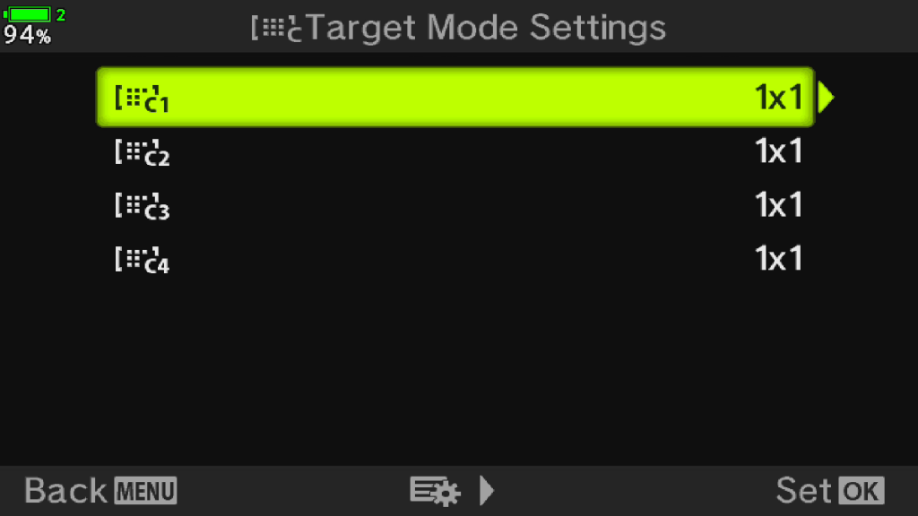Screenshot OM-D menu to show target mode settings options