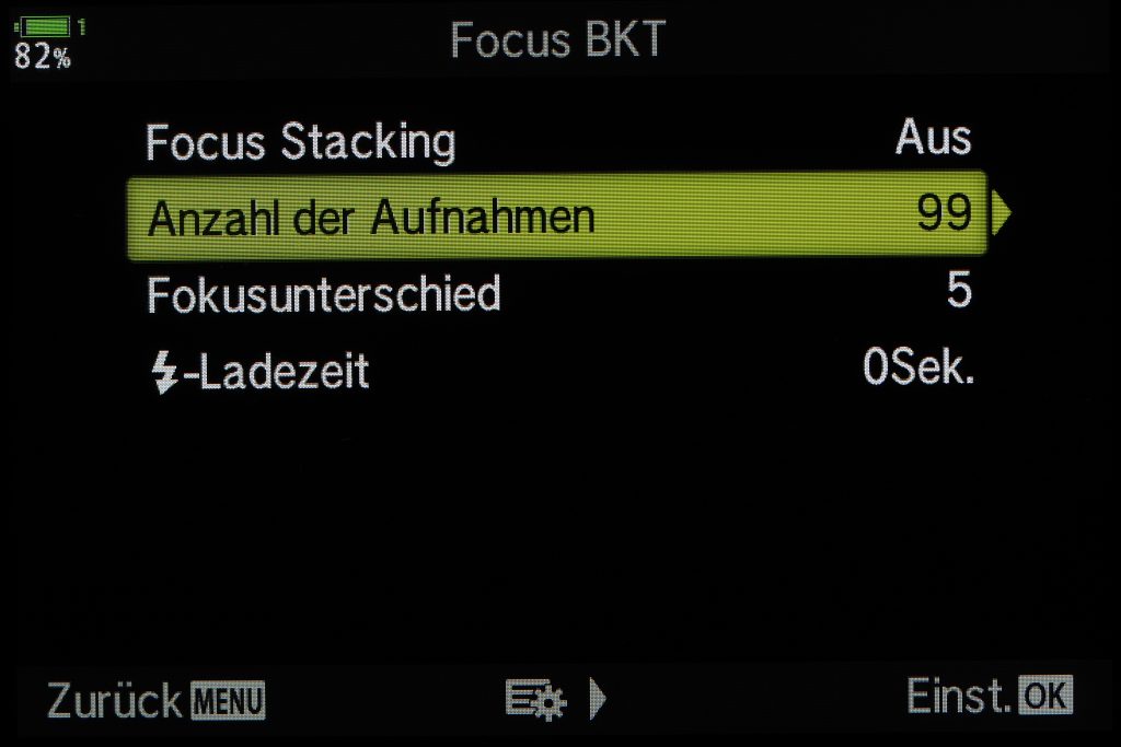 Screen shot OM-D Menu showing stacking capabilities