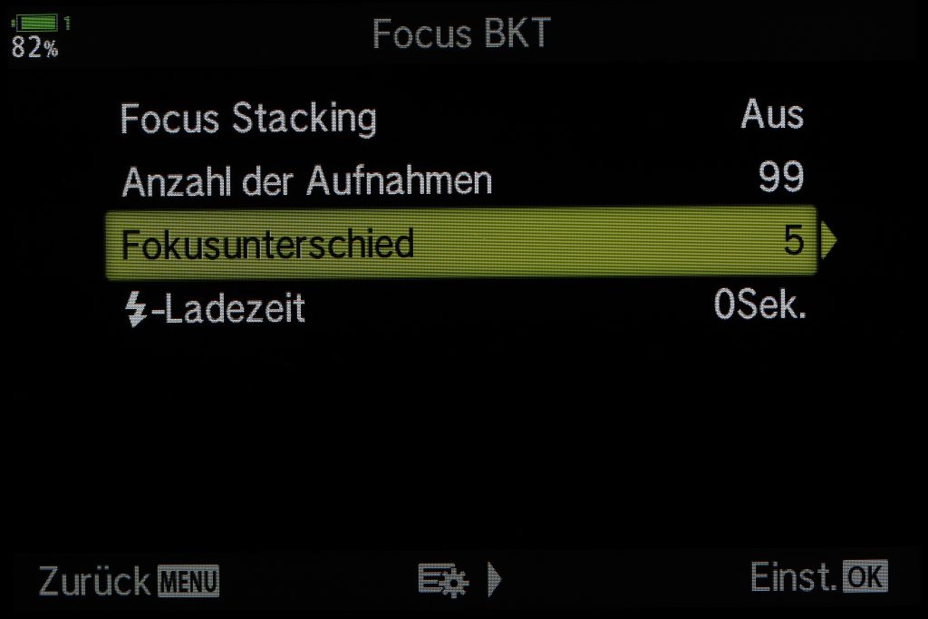 Screen shot OM-D Menu showing focus distance settings in case you are using focus bracketing or stacking´