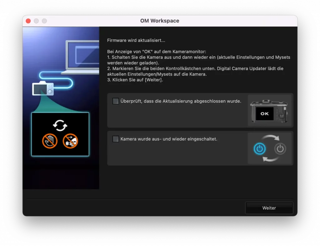 OM Workspace Bildschirmfoto um die Firmware der OM System cameras zu aktualisieren