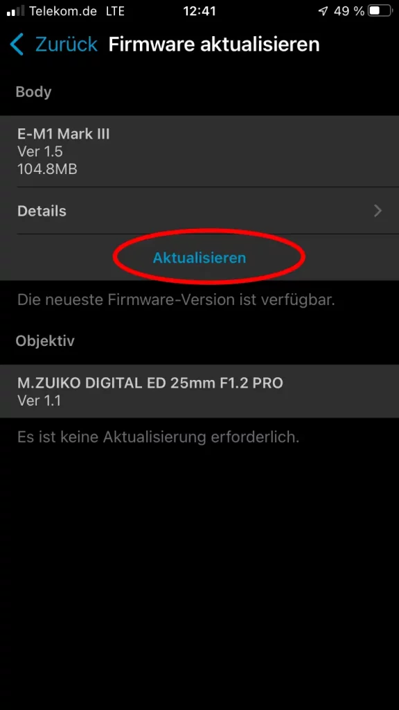 OI.share screenshot to show how to update OM-1 / E-M1 Mark III firmware 