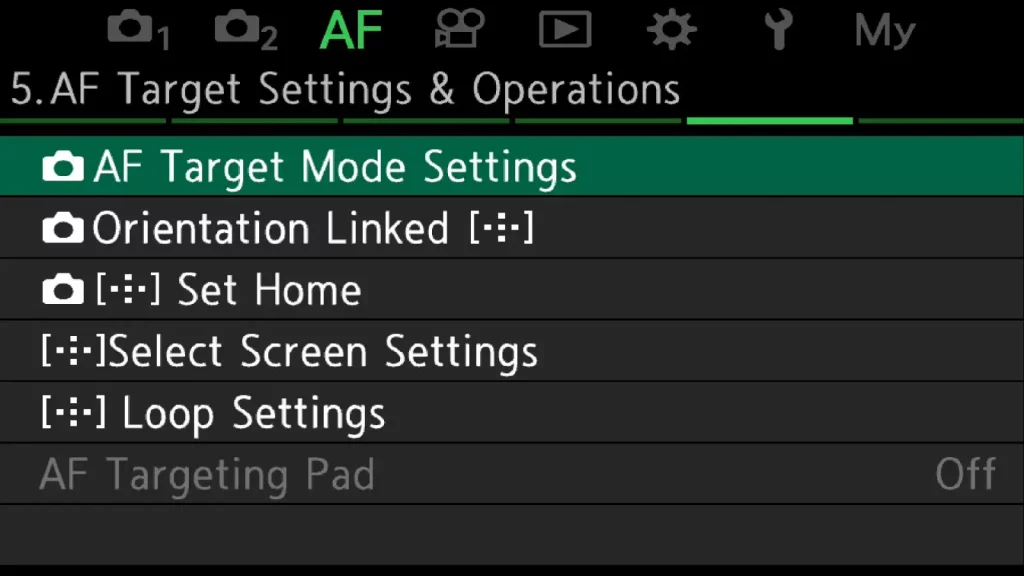 Screenshot Om-1 to show where to define the AF Target mode settings