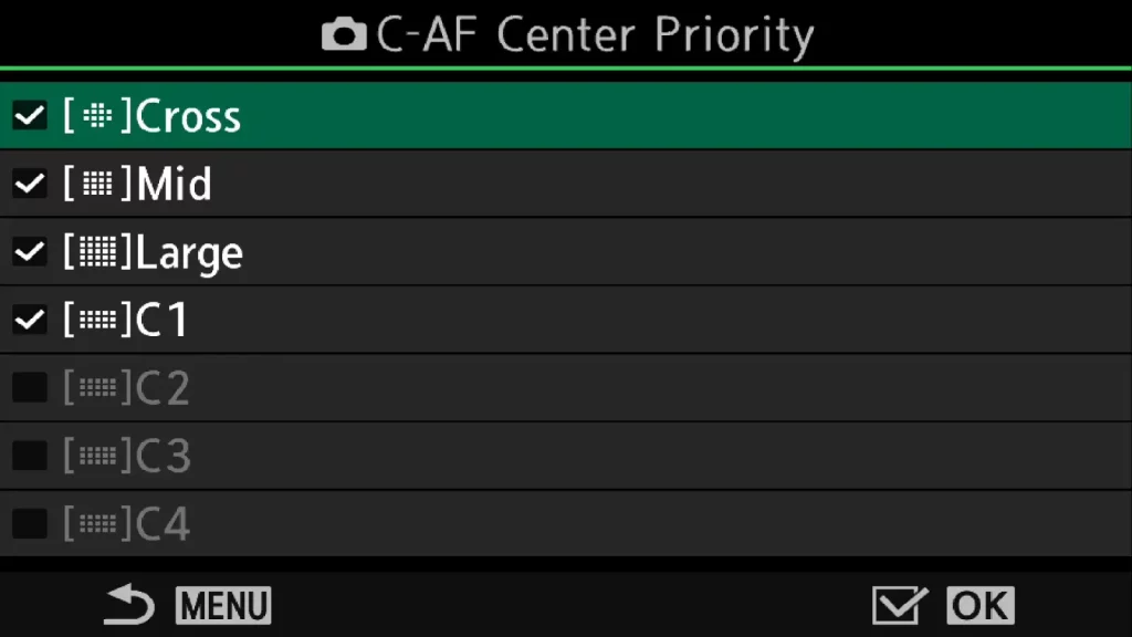 Screenshot of OM-1 menu to show options for center priority