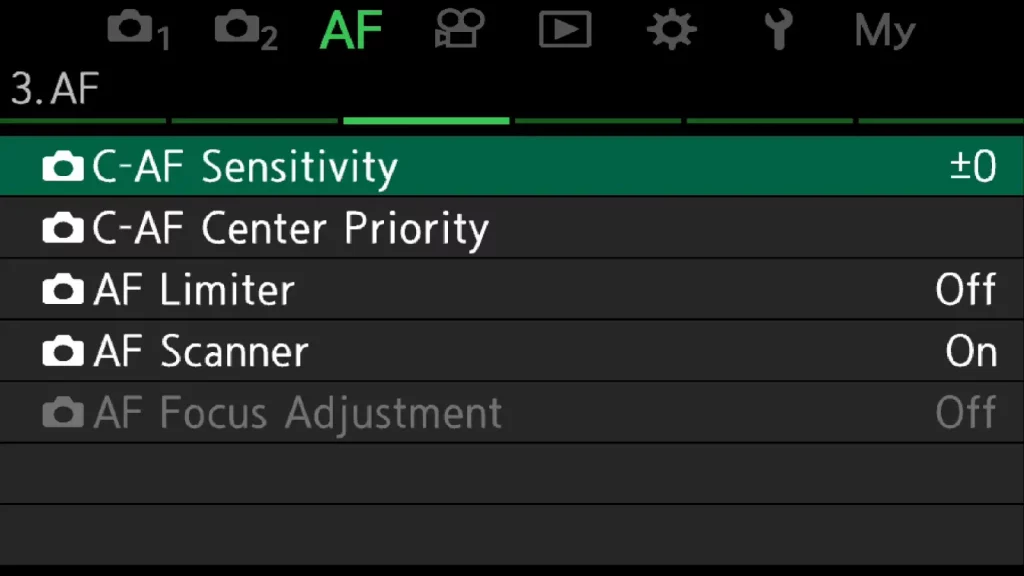 Screenshot of OM-1 menu to show where to finde C-AF sensitivity