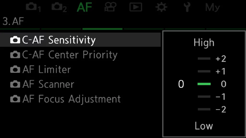 Screenshot of OM-1 menu for C-AF sensitivity settings options
