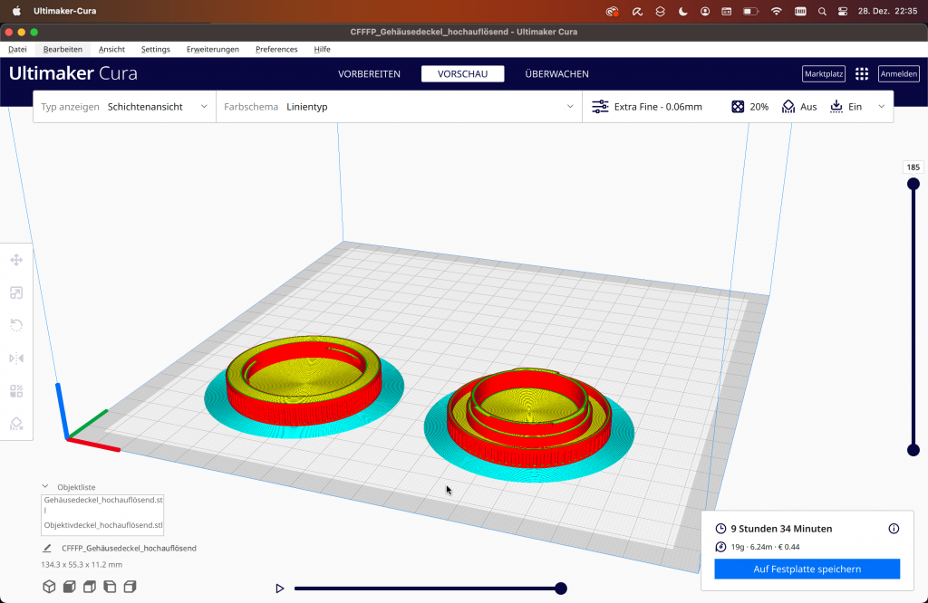 Bildschirmfoto der Cura Software mit Fotozubehör aus dem 3D Drucker
