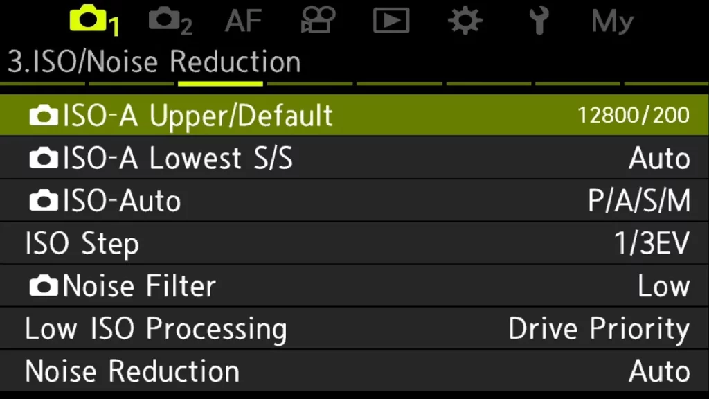 Screen shot OM-1 Menü to adjust the automatic ISO setting adjustment