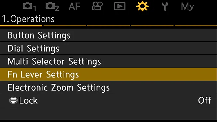 OM-1 menu screenshot: Camera Fn Lever Function
