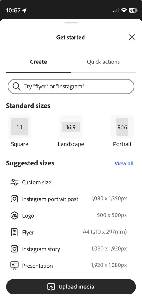 Bildschirmfoto Adobe Express