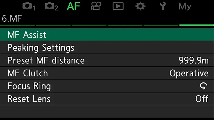 OM-1 AF menu page 6.MF for setting up Focus Peaking