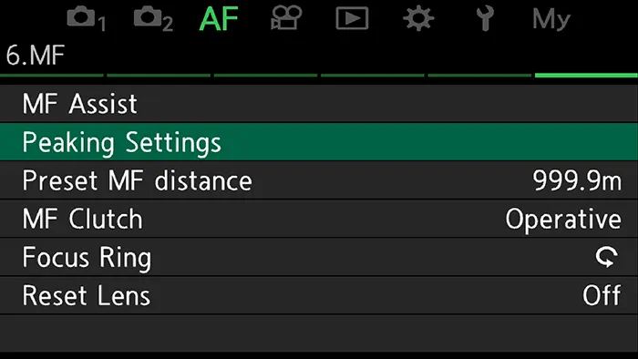 OM-1 Focus Peaking Settings menu for adjusting edge highlighting
