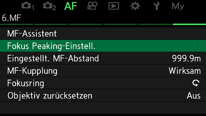 Screenshot OM-1 Menü Fokus Peaking Einstellungen