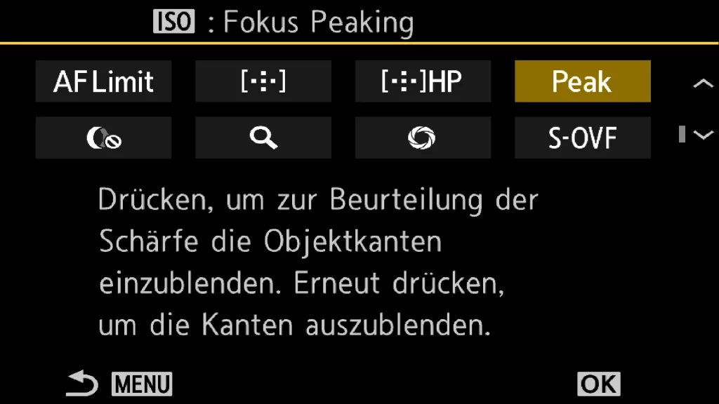 Screenshot OM-1 Menü Tastenfunktion Fokus Peaking