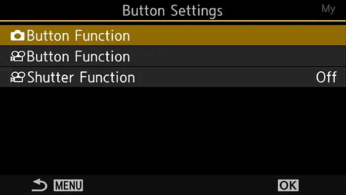 OM-1 Button Function menu for assigning a function button