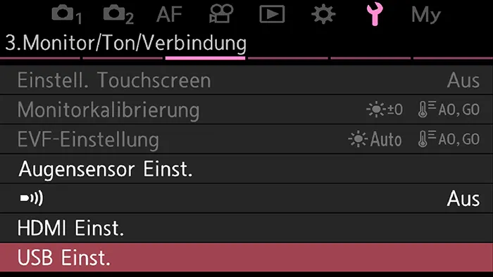 OM-1 Bildschrimfoto zum Einstellen des USB Modus mit der die Kamera kommuniziert