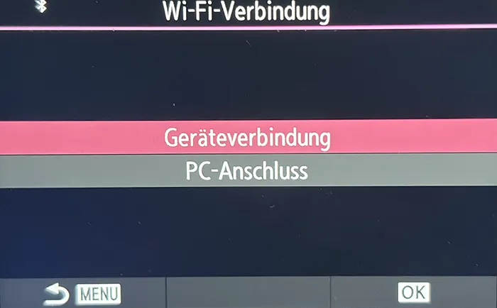 Screenshot OM-1 Menü Geräteverbindung für die Kopplung mit dem Smartphone