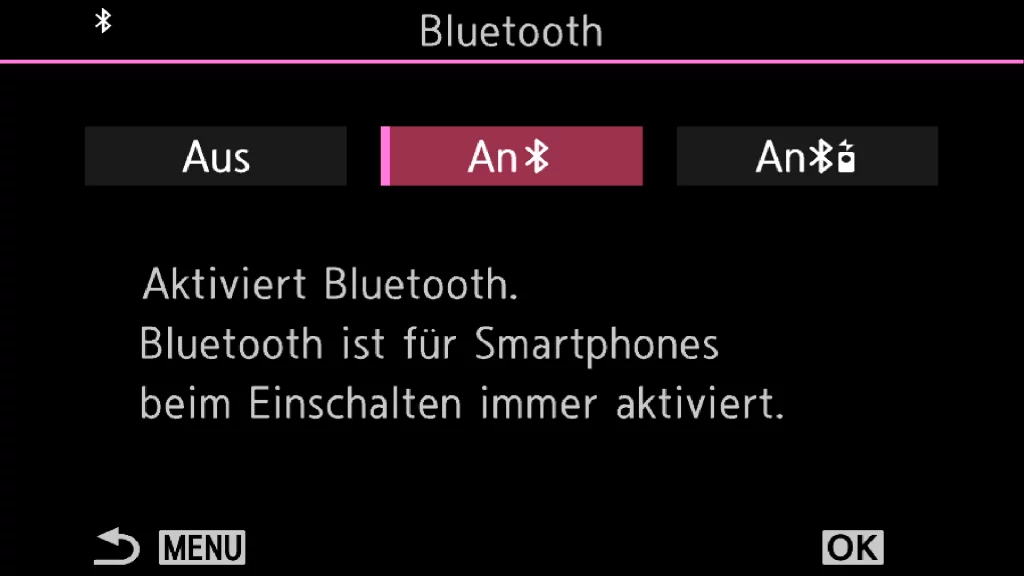 Screenshot OM-1 Menü Wi-Fi/Bluetooth mit Einstellung An Bluetooth für die Smartphone-Verbindung