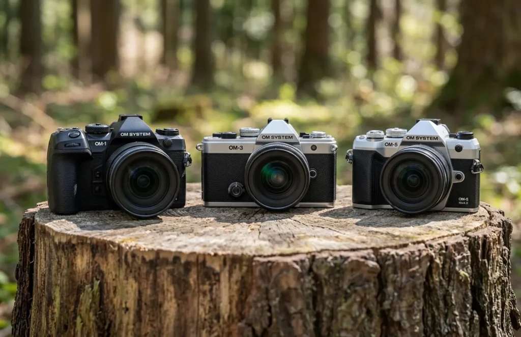 OM-1 Mark II, OM-3 und OM-5 Mark II im Größenvergleich nebeneinander im Wald
