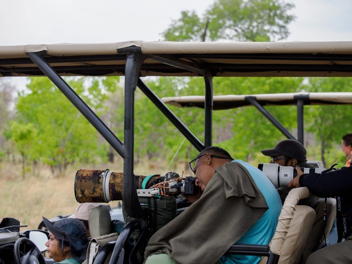 Zwei Fotografen im offenen Safarifahrzeug mit großen, schweren Teleobjektiven, eines davon mit Tarnüberzug
